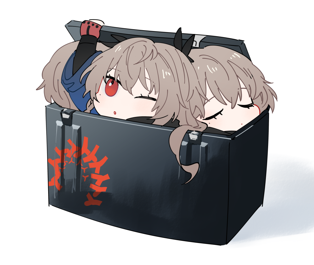 3girls bow brown_hair chibi clone closed_eyes commentary_request crate fingerless_gloves girls_frontline gloves hair_bow in_container long_hair morisenn multiple_girls one_eye_closed red_eyes red_gloves simple_background sp9_(girls'_frontline) white_background