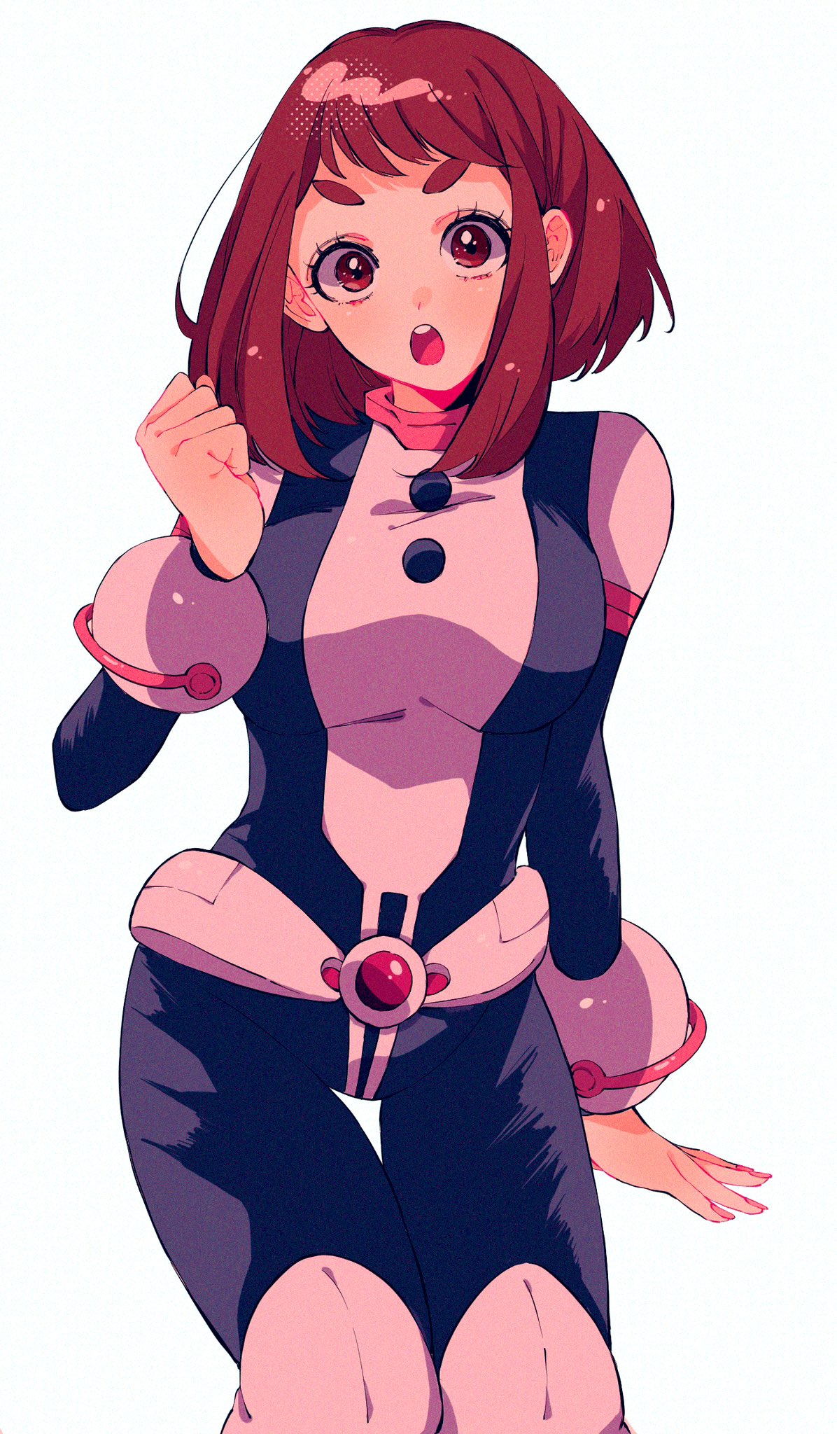 1girl belt bodysuit boku_no_hero_academia boots breasts brown_eyes brown_hair clenched_hand collarbone highres large_breasts looking_at_viewer medium_hair nail_polish open_mouth pink_nails rumic_0620 simple_background solo tight_clothes uraraka_ochako white_background