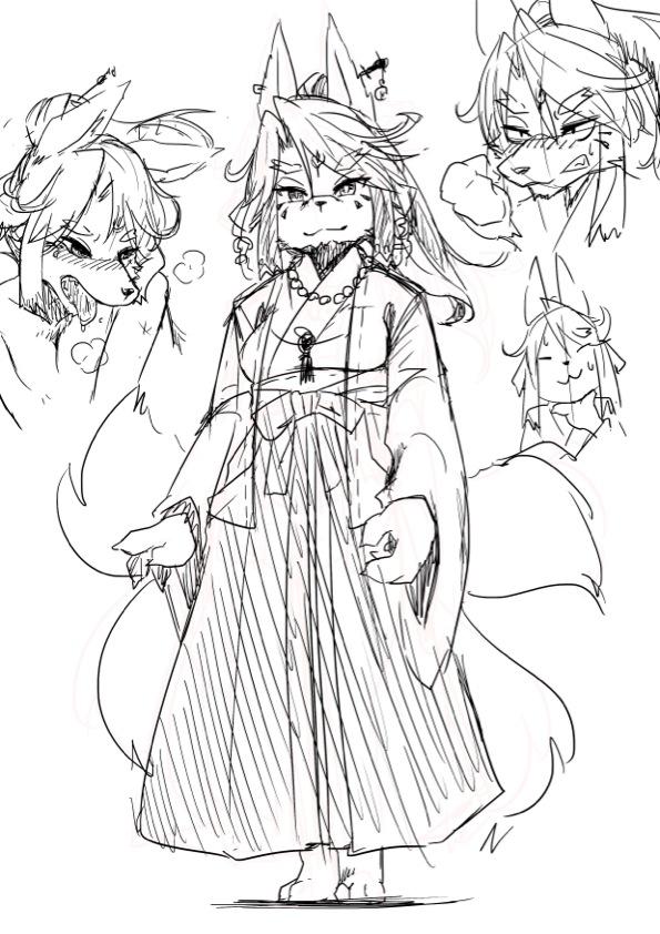 1girl :3 angry animal_ears animal_feet animal_nose bangs barefoot bead_necklace beads blush breasts breath clenched_hand clenched_teeth closed_mouth drooling facial_mark feet forehead_mark forked_eyebrows fox_ears fox_girl fox_tail full_body furry furry_female greyscale hair_bun hair_ornament hair_stick hakama hakama_skirt hand_up happy japanese_clothes jewelry kame_(3t) kimono long_sleeves looking_at_viewer medium_breasts monochrome multiple_tails multiple_views necklace nose_blush open_mouth original saliva sidelocks simple_background single_hair_bun sketch skirt smile snout split_mouth standing swept_bangs tail teeth tongue tongue_out whisker_markings white_background wide_sleeves