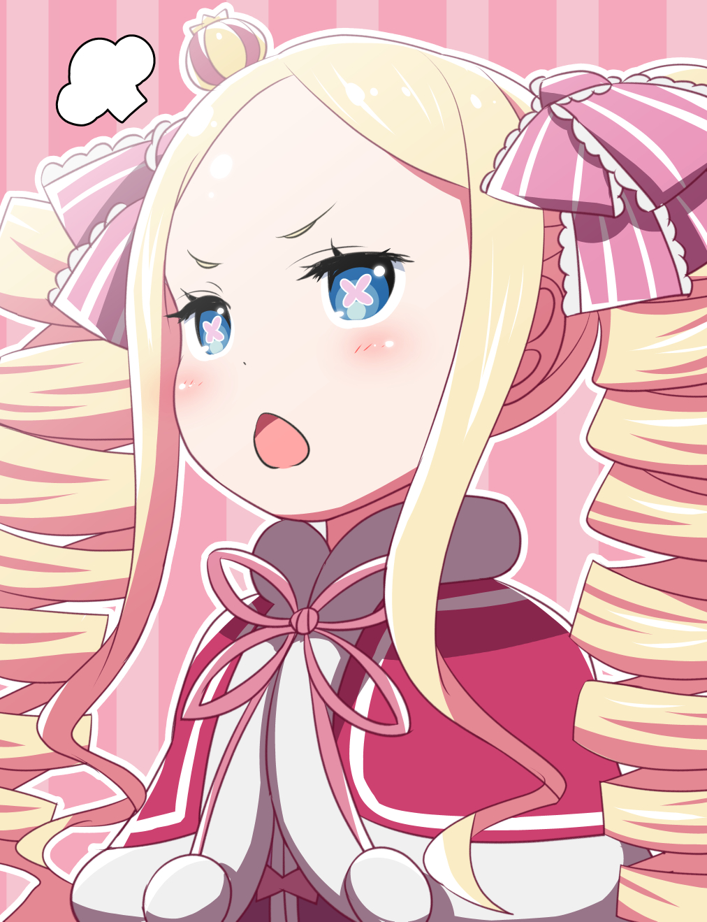 1girl :&lt; ai_wa_muteki beatrice_(re:zero) blonde_hair blue_eyes blush bow butterfly-shaped_pupils capelet crown dress dress_bow drill_hair female_child forehead from_side fur-trimmed_capelet fur_trim hair_ribbon highres long_hair looking_to_the_side mini_crown open_mouth pink_background pink_ribbon portrait re:zero_kara_hajimeru_isekai_seikatsu red_capelet red_dress ribbon sidelocks solo speech_bubble striped striped_background twin_drills v-shaped_eyebrows