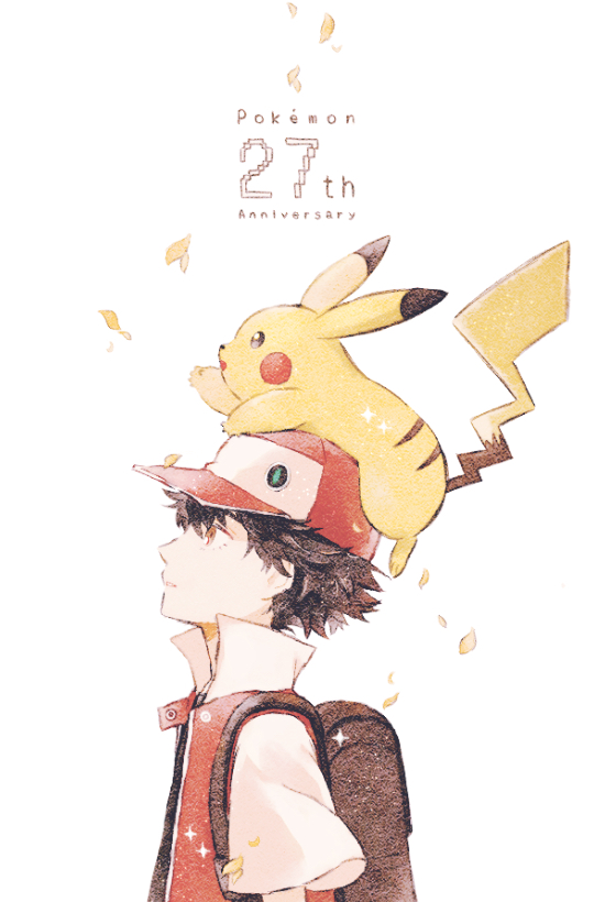 1boy anniversary backpack bag baseball_cap black_shirt brown_eyes brown_hair falling_leaves from_side hat jacket leaf looking_afar on_head parted_lips pikachu pokemon pokemon_(creature) pokemon_on_head popped_collar red_(pokemon) red_headwear red_jacket ryokuno_green shirt