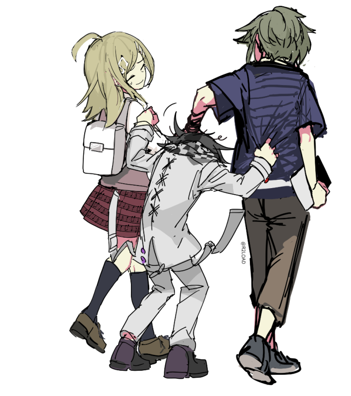 1girl 2boys ahoge akamatsu_kaede amami_rantarou artist_name backpack bag bangs black_socks blonde_hair brown_footwear brown_pants checkered_clothes checkered_scarf closed_mouth commentary_request danganronpa_(series) danganronpa_v3:_killing_harmony from_behind green_hair grey_jacket grey_pants hair_ornament holding jacket kneehighs miniskirt multiple_boys musical_note musical_note_hair_ornament ouma_kokichi pants pink_vest r2load red_skirt scarf shirt shoes short_hair short_sleeves simple_background skirt smile socks striped striped_shirt vest white_background white_bag white_shirt