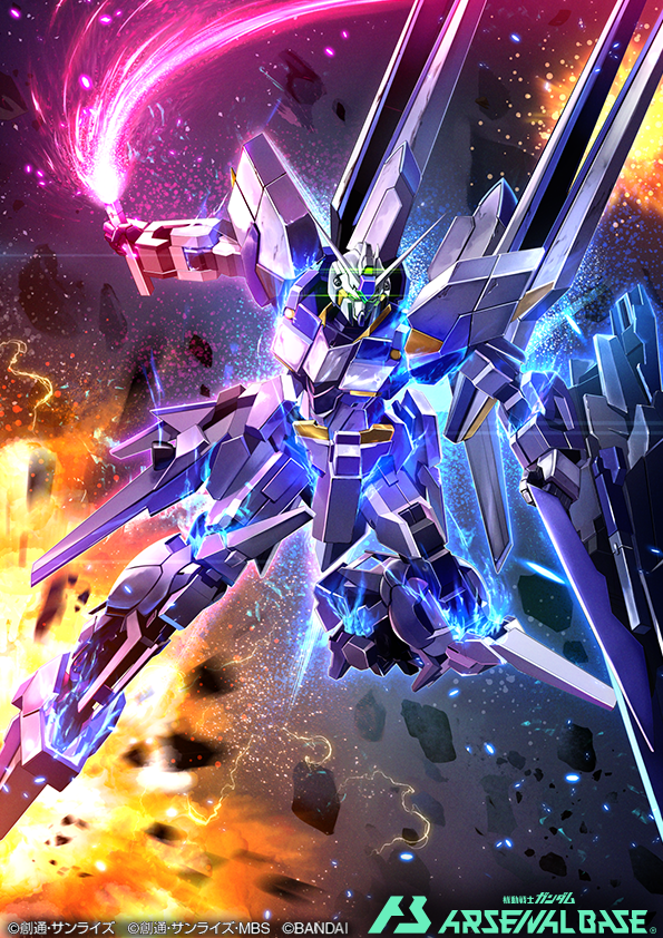battle beam_saber commentary_request copyright_name debris delta_gundam_kai electricity energy_sword english_text explosion glowing glowing_eyes green_eyes gundam gundam_arsenal_base gundam_unicorn holding holding_sword holding_weapon kenko_(a143016) light_particles mecha mobile_suit no_humans official_art robot science_fiction shield solo sword v-fin weapon