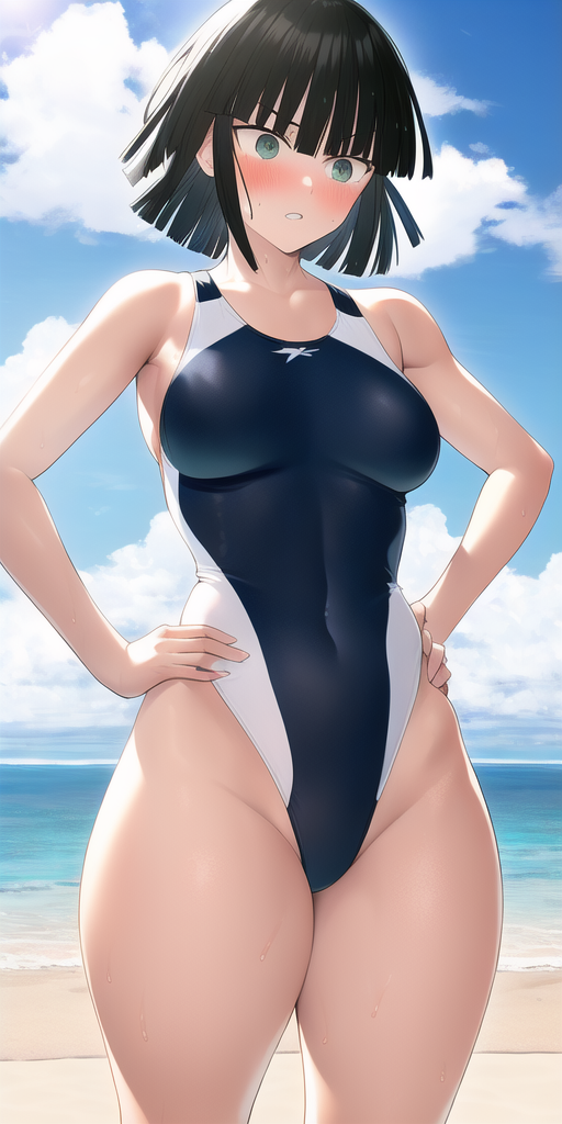 1girl ai-generated athanasios bangs beach black_hair blue_sky blunt_bangs blush breasts clouds cloudy_sky collarbone competition_swimsuit covered_navel cowboy_shot day eyebrows_visible_through_hair fubuki_(one-punch_man) green_eyes hand_on_hip hands_on_hips horizon looking_at_viewer non-web_source novelai ocean one-piece_swimsuit one-punch_man outdoors self_upload short_hair sky solo someraindropsonroses_(artist) swimsuit thick_thighs thighs water wide_hips