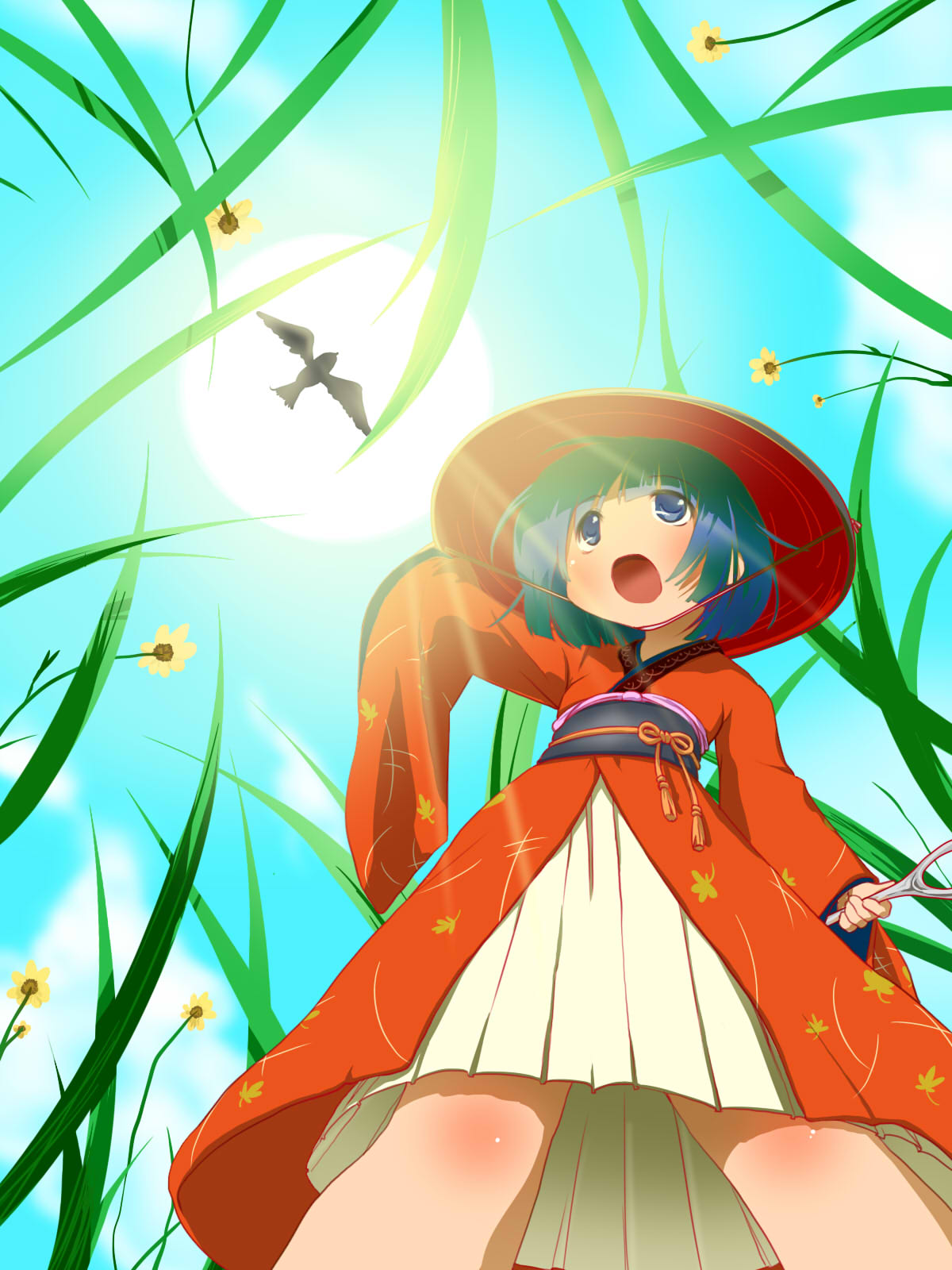 1girl bangs bird black_sash blue_eyes blue_hair blue_sky blunt_bangs blush body_blush bowl bowl_hat clouds commentary_request feet_out_of_frame flower from_below grass hat highres iwaserie japanese_clothes kimono long_sleeves looking_afar needle obi open_mouth red_kimono sash sewing_needle short_hair sky solo sukuna_shinmyoumaru sun touhou wide_sleeves yellow_flower