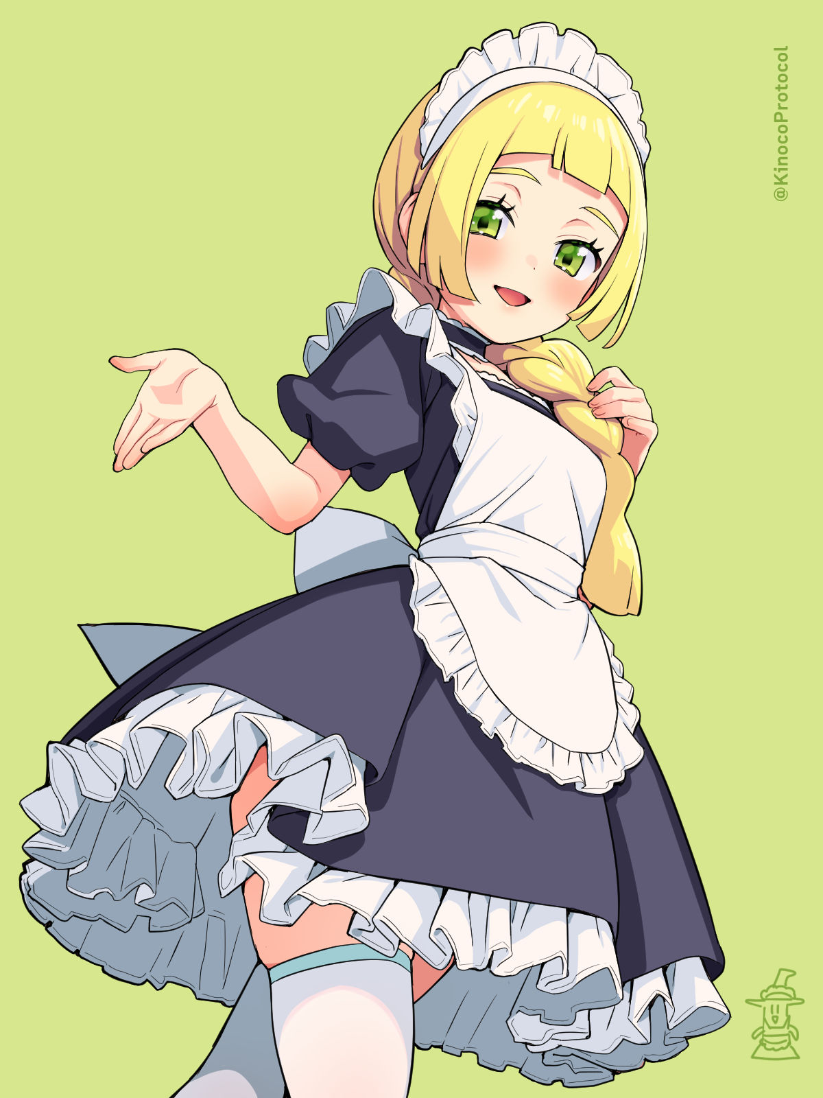1girl :d alternate_costume apron bangs black_dress blonde_hair blunt_bangs blush braid braided_ponytail commentary_request cosplay dawn_(pokemon)_(cosplay) dress enmaided frills green_background hair_over_shoulder hand_up highres hikari_(pokemon) kinocopro lillie_(pokemon) long_hair looking_down maid maid_headdress open_mouth pokemon pokemon_(anime) pokemon_dppt_(anime) pokemon_sm_(anime) short_sleeves simple_background smile solo thigh-highs twitter_username watermark white_apron white_thighhighs