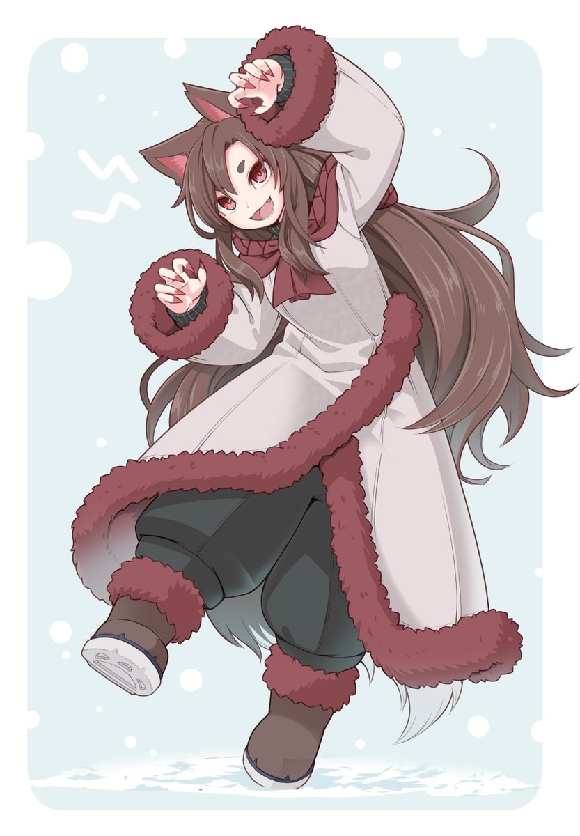 1girl alternate_costume animal_ears black_pants boots brown_footwear brown_hair coat fang fingernails full_body fur-trimmed_boots fur-trimmed_coat fur-trimmed_sleeves fur_trim highres imaizumi_kagerou long_fingernails long_hair long_sleeves nail_polish open_mouth pants red_eyes red_nails sharp_fingernails smile solo tamahana touhou white_coat wolf_ears