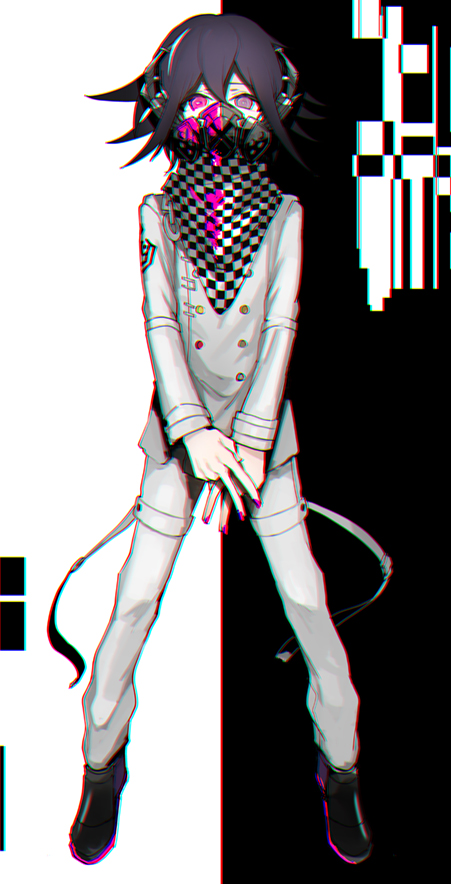 1boy bangs black_background black_hair buttons checkered_clothes checkered_scarf commentary_request danganronpa_(series) danganronpa_v3:_killing_harmony double-breasted flipped_hair full_body grey_jacket grey_pants hair_between_eyes jacket long_sleeves male_focus medium_hair nail_polish ouma_kokichi pants pink_eyes pink_nails r2load respirator scarf shoes solo white_background