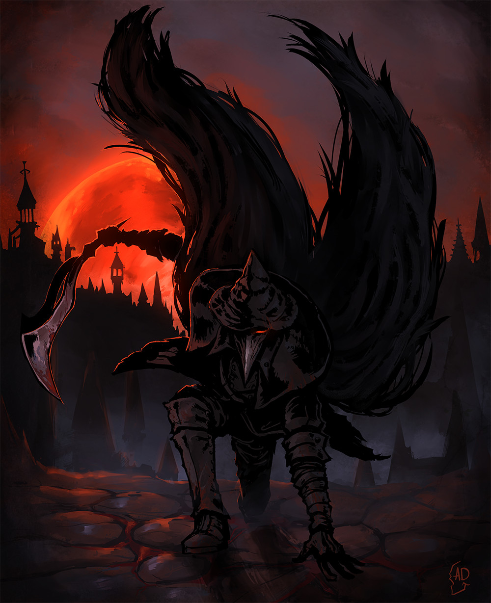 1boy adepietro beak bird_mask blade blade_of_mercy bloodborne eileen_the_crow fantasy feather-trimmed_coat feathers fighting_stance glowing glowing_eye hat highres lineart mask moon night plague_doctor plague_doctor_mask red_eyes red_moon solo yharnam