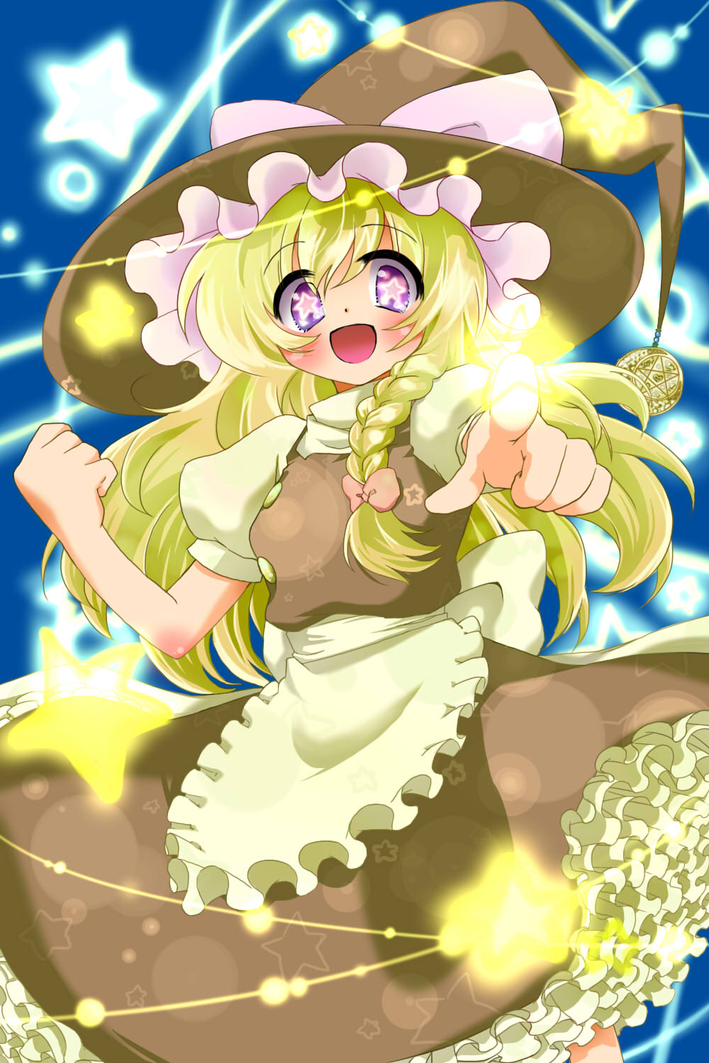 1girl :d apron bangs blonde_hair blue_background blush bow braid breasts brown_headwear brown_skirt brown_vest buttons clenched_hand commentary_request feet_out_of_frame frilled_skirt frills hair_bow hat hat_bow highres iwaserie kirisame_marisa long_hair looking_at_viewer open_mouth pentagram pink_bow pointing pointing_at_viewer puffy_short_sleeves puffy_sleeves shirt short_sleeves single_braid skirt skirt_set small_breasts smile solo star-shaped_pupils star_(symbol) symbol-shaped_pupils touhou turtleneck vest violet_eyes waist_apron white_apron white_shirt witch_hat