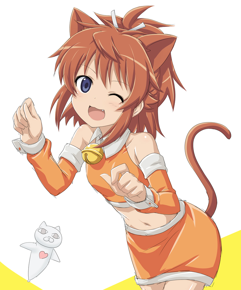 1girl 1other alternate_costume animal_ears bell blue_eyes breasts cat_ears cat_tail fang koshigaya_natsumi medium_hair navel non_non_biyori one_eye_closed open_mouth redhead shirosame small_breasts standing tail