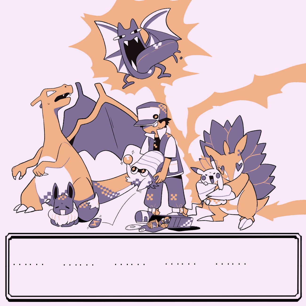 1boy :o charizard commentary_request dialogue_box eevee golbat hat highres holding holding_pokemon jacket limited_palette looking_down male_focus omanyte open_clothes open_jacket open_mouth pants pikachu pokemon pokemon_(creature) pokemon_(game) pokemon_rgby red_(pokemon) sandslash shirt shoes short_hair short_sleeves sweatdrop tyako_089