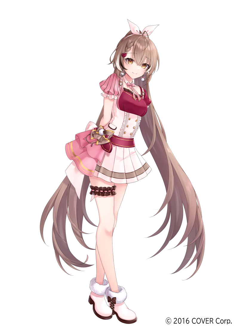 1girl absurdly_long_hair ankle_boots arms_behind_back belt boots bow_hairband braid braided_bangs bridal_garter brown_eyes buttons closed_mouth double-breasted earrings framed_breasts full_body fur-trimmed_boots fur_trim hairband hane_yuki high_ponytail hololive hololive_english idol jewelry layered_skirt long_hair looking_at_viewer low_twintails miniskirt nanashi_mumei official_alternate_costume official_art pleated_skirt pom_pom_(clothes) pom_pom_earrings puffy_short_sleeves puffy_sleeves purple_footwear short_sleeves simple_background skirt smile solo split_ponytail standing tachi-e twintails underbust very_long_hair virtual_youtuber white_background white_skirt