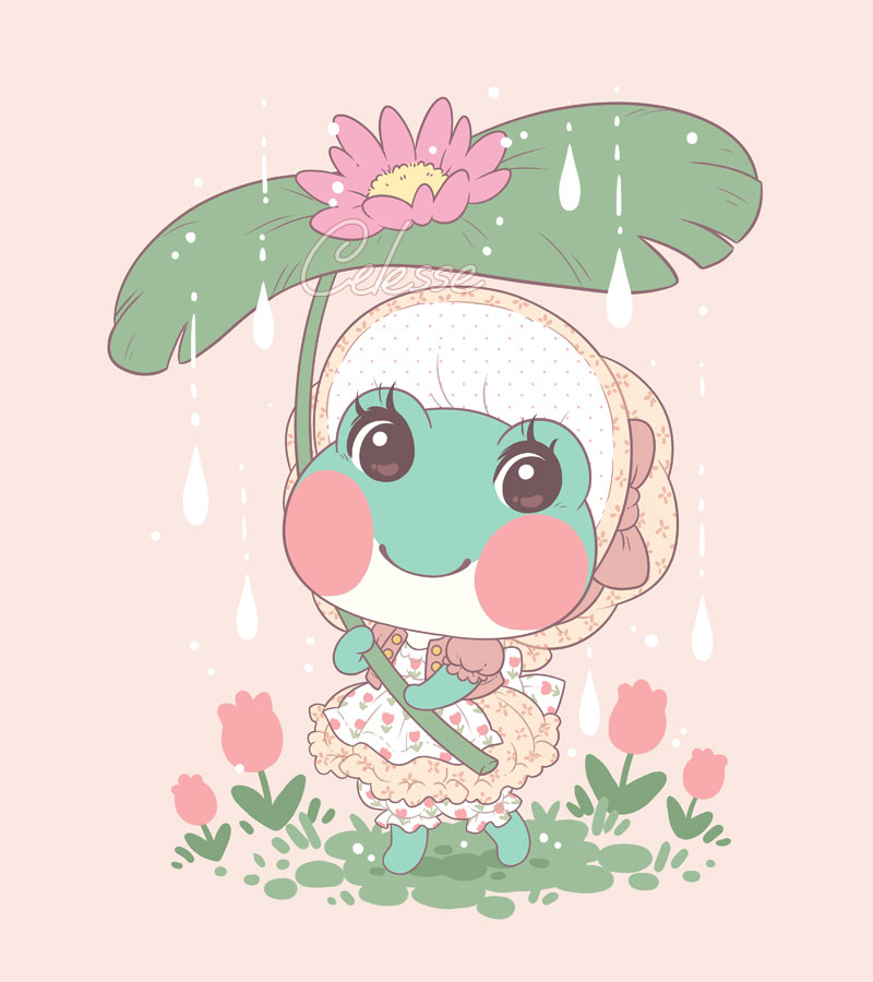 1girl animal_crossing apron artist_name bloomers blush blush_stickers bonnet bow brown_dress brown_eyes brown_headwear buttons closed_mouth commentary dress english_commentary eyelashes floral_print flower frog_girl full_body grass holding holding_leaf leaf lily_(animal_crossing) looking_at_viewer pink_background pink_bow pink_flower pink_shirt print_dress print_headwear puffy_short_sleeves puffy_sleeves rain samantha_whitten shirt short_sleeves signature simple_background smile solo standing tulip underwear white_apron white_bloomers