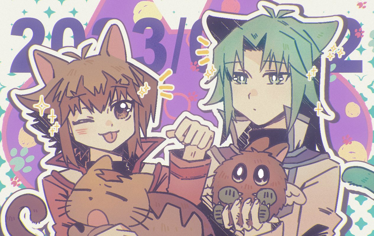 2boys :p animal animal_ears bangs blush cat cat_boy cat_ears cat_tail duel_monster hair_between_eyes kemonomimi_mode long_sleeves male_focus marufuji_ryou multicolored_hair multiple_boys ncross_125 paw_pose pharaoh_(cat) sidelocks tail tongue tongue_out two-tone_hair upper_body winged_kuriboh yu-gi-oh! yu-gi-oh!_gx yuuki_juudai