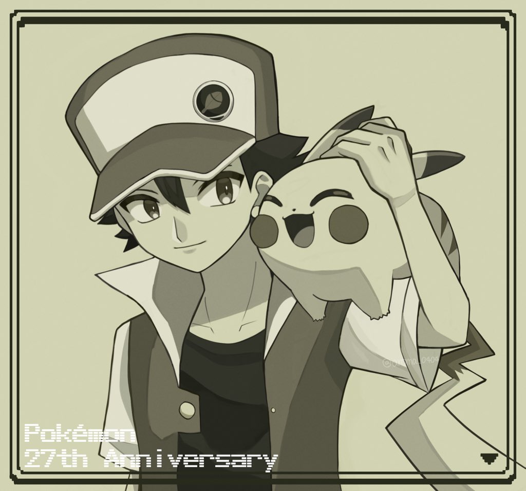 1boy anniversary aroma_0404 bangs closed_mouth commentary_request copyright_name framed hair_between_eyes hand_up hat headpat jacket male_focus monochrome on_shoulder open_clothes open_jacket pikachu pokemon pokemon_(creature) pokemon_(game) pokemon_on_shoulder pokemon_rgby red_(pokemon) shirt short_hair short_sleeves smile