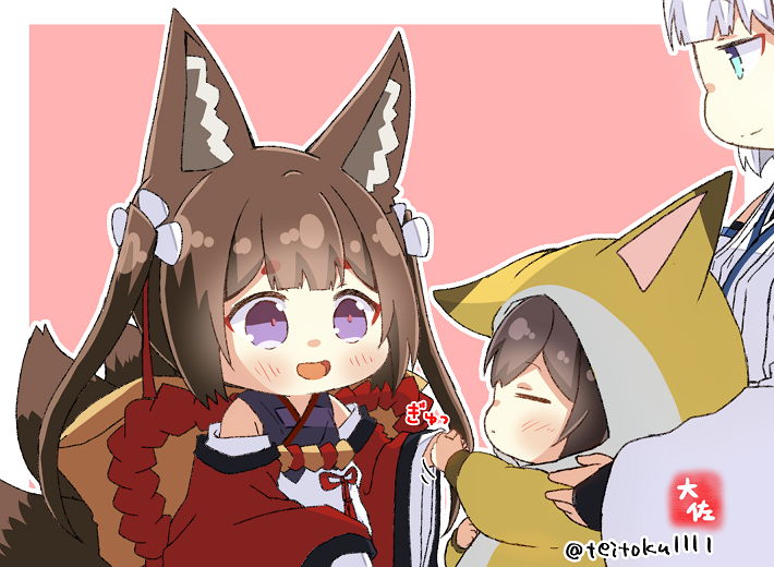 3girls :d alternate_costume amagi-chan_(azur_lane) animal_costume animal_ear_fluff animal_ears aqua_eyes azur_lane bangs black_hair blunt_bangs brown_hair commentary_request crossover detached_sleeves eyeshadow fox_costume fox_ears fox_girl fox_tail hair_between_eyes hair_ornament holding_hands japanese_clothes kaga_(battleship)_(azur_lane) kaga_(kancolle) kantai_collection kyuubi long_hair long_sleeves looking_at_another makeup multicolored_hair multiple_girls multiple_tails name_connection rope shimenawa short_hair sidelocks signature simple_background smile tail taisa_(kari) thick_eyebrows twintails twitter_username two-tone_hair violet_eyes white_hair wide_sleeves