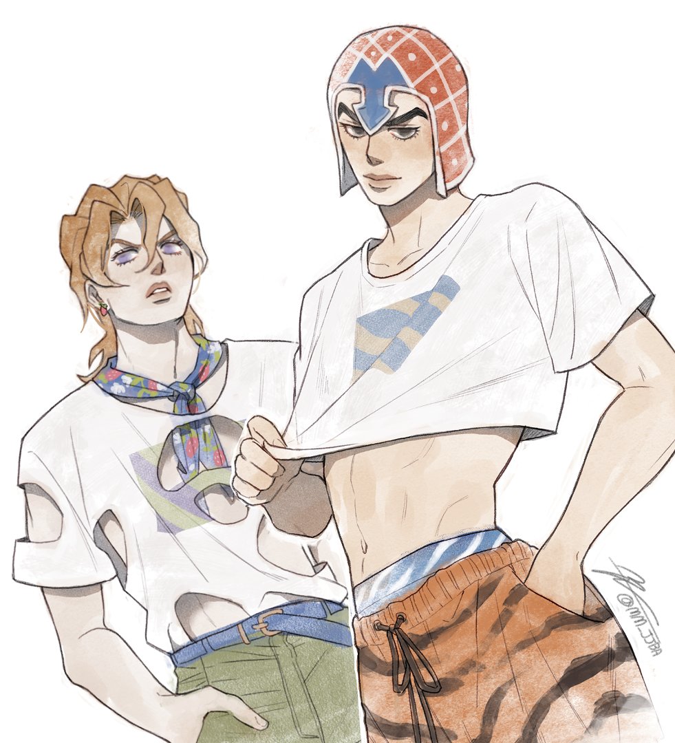 2boys animal_print black_eyes commentary_request crop_top frown guido_mista hand_in_pocket hat jojo_no_kimyou_na_bouken korean_commentary male_focus midriff mm_jjba multiple_boys orange_hair pannacotta_fugo parted_lips shirt signature smile t-shirt tiger_print vento_aureo violet_eyes