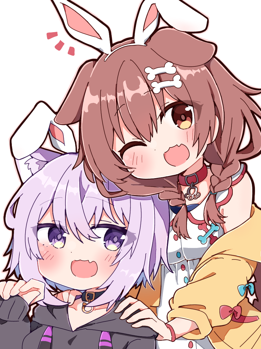 2girls :d ;d animal_collar animal_ears bangs black_collar black_hoodie blush braid brown_eyes brown_hair cat_ears cat_girl chibi collar crossed_bangs dog_ears dog_girl dog_tail dress extra_ears hair_between_eyes hair_ornament hair_over_shoulder hairclip hand_on_another's_shoulder head_on_head head_rest hololive hood hoodie inugami_korone jacket long_hair looking_at_viewer low_twin_braids low_twintails multiple_girls nekomata_okayu off_shoulder one_eye_closed open_clothes open_jacket open_mouth purple_hair rabiiandrain red_collar short_dress short_hair simple_background sleeveless sleeveless_dress smile tail twin_braids twintails violet_eyes virtual_youtuber white_background white_dress yellow_jacket