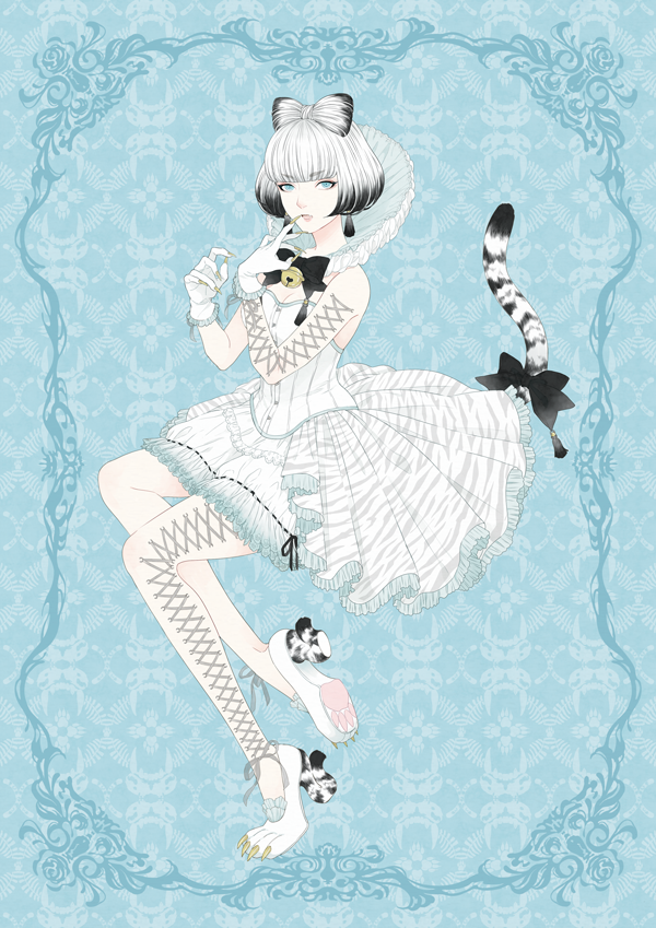 1girl bell black_bow black_bowtie black_hair blue_eyes bow bowtie commentary_request dress frilled_dress frills gloves hair_bow looking_at_viewer moriya_yuka multicolored_hair neck_bell original pantyhose paw_shoes short_hair solo tagme tail tail_bow tail_ornament tiger_tail two-tone_hair very_long_fingernails white_dress white_footwear white_gloves white_hair white_pantyhose