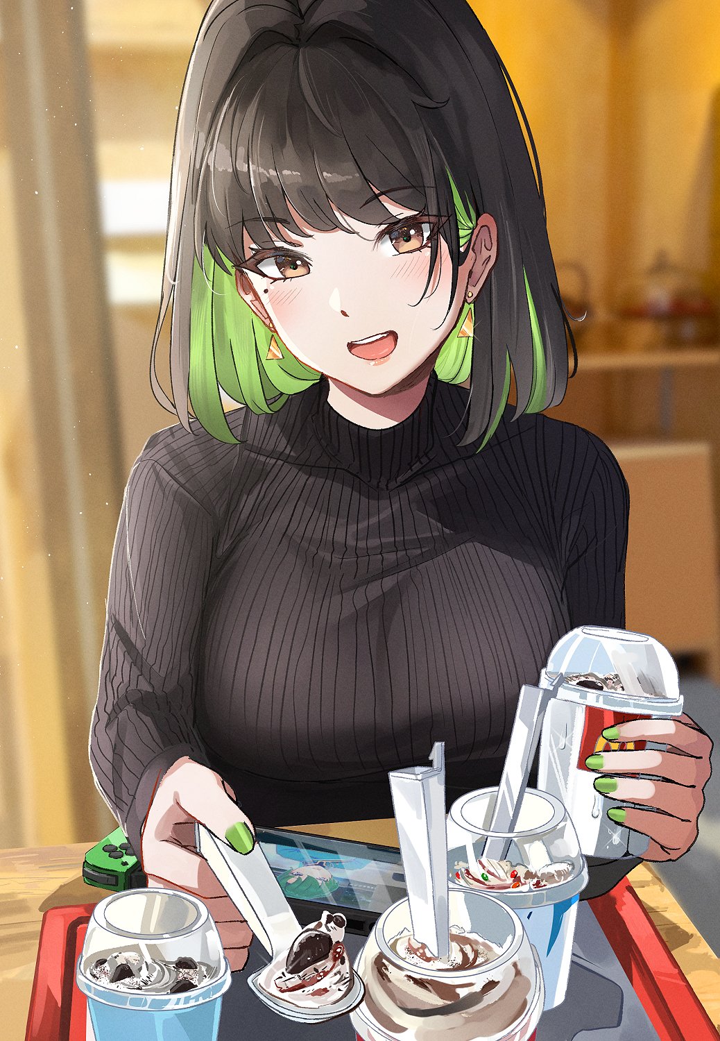 1girl artist_name bangs black_hair black_sweater blush breasts brown_eyes colored_inner_hair cup earrings fingernails food green_hair green_nails hair_intakes highres holding holding_cup ice_cream jewelry large_breasts lips long_sleeves looking_at_viewer mcdonald's miru_(ormille) mole mole_under_eye multicolored_hair nintendo_switch open_mouth original ormille pink_lips ribbed_sweater short_hair smile solo sweater turtleneck