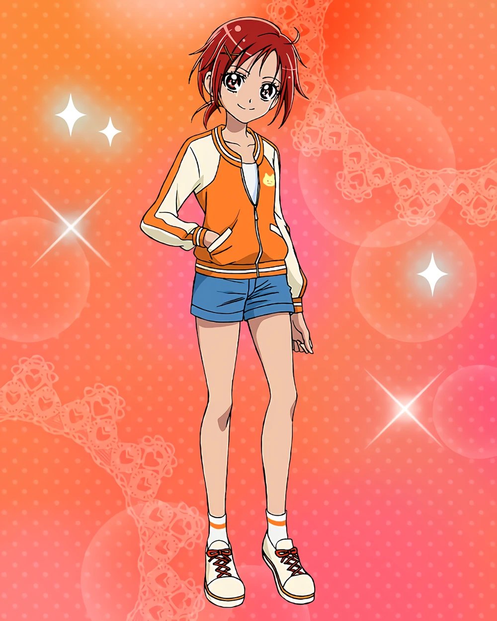 1girl artist_request commentary english_commentary eyelashes hair_ornament hairclip happy highres hino_akane_(smile_precure!) jacket looking_at_viewer official_art orange_jacket ponytail precure precure_connection_puzzlun red_eyes redhead shoes short_hair shorts smile smile_precure! socks solo third-party_source