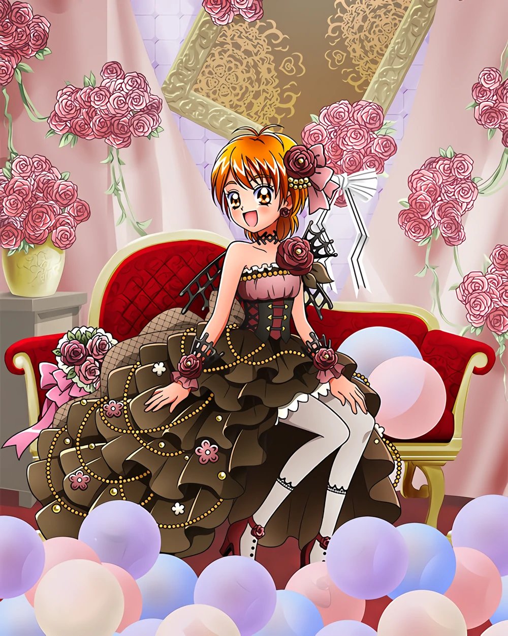 1girl :d artist_request bare_shoulders black_dress commentary couch dress earrings english_commentary eyelashes flower futari_wa_precure hair_flower hair_ornament happy highres jewelry misumi_nagisa official_art open_mouth orange_eyes orange_hair pink_flower pink_rose precure precure_connection_puzzlun rose short_hair sitting smile solo third-party_source