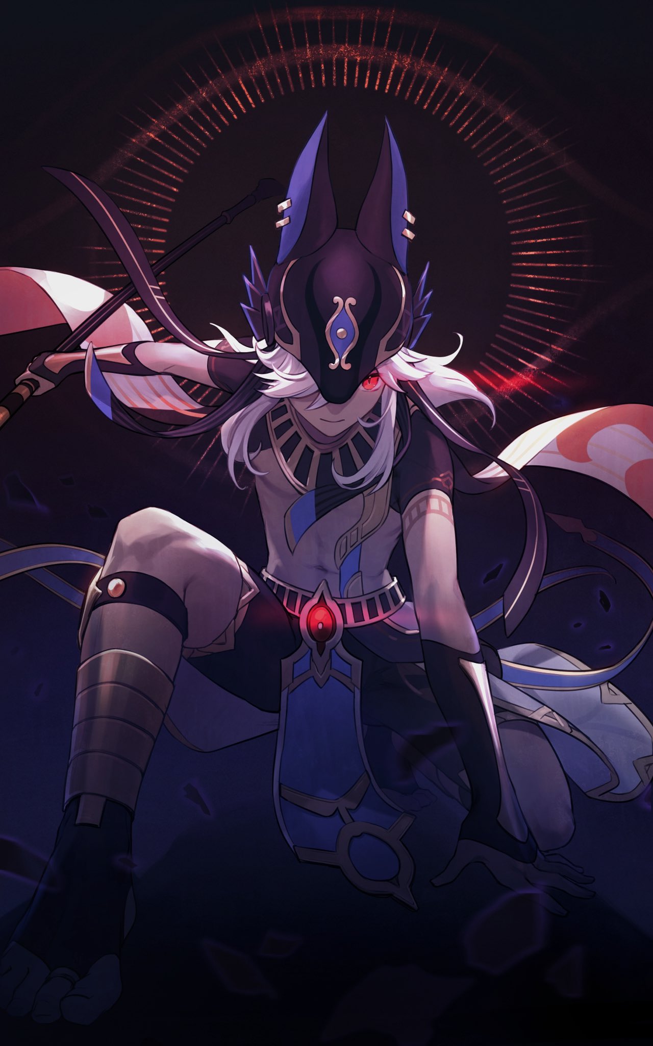 1boy animal_hat black_headwear closed_mouth cyno_(genshin_impact) dark-skinned_male dark_skin egyptian_clothes genshin_impact hat highres holding holding_polearm holding_weapon long_hair looking_at_viewer male_focus nashi_(ykns) one_knee polearm red_eyes simple_background solo weapon white_hair