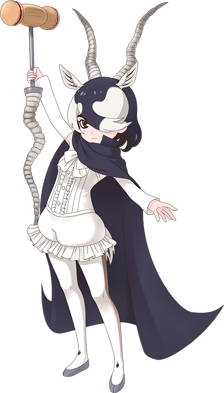 1girl animal_ears black_hair blackbuck_(kemono_friends) cloak closed_mouth cow_ears cow_girl cow_horns cow_tail elbow_gloves extra_ears gloves grey_hair horns kemono_friends kemono_friends_3 looking_at_viewer multicolored_hair official_art pantyhose red_eyes shirt shoes short_hair shorts simple_background sleeveless sleeveless_shirt solo tail transparent_background two-tone_hair weapon
