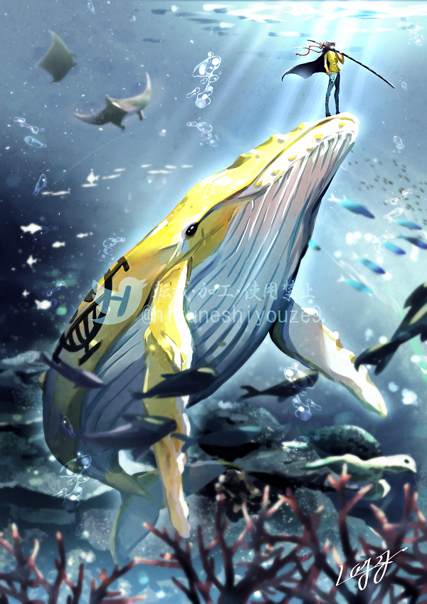 1boy air_bubble blurry blurry_background blurry_foreground bubble cape coral_reef denim fish hand_in_pocket holding holding_sword holding_weapon jeans manta_ray one_piece pants rojiko_(sshiomi) shirt smiley_face sunlight sword trafalgar_law turtle twitter_username underwater weapon whale white_headwear yellow_shirt