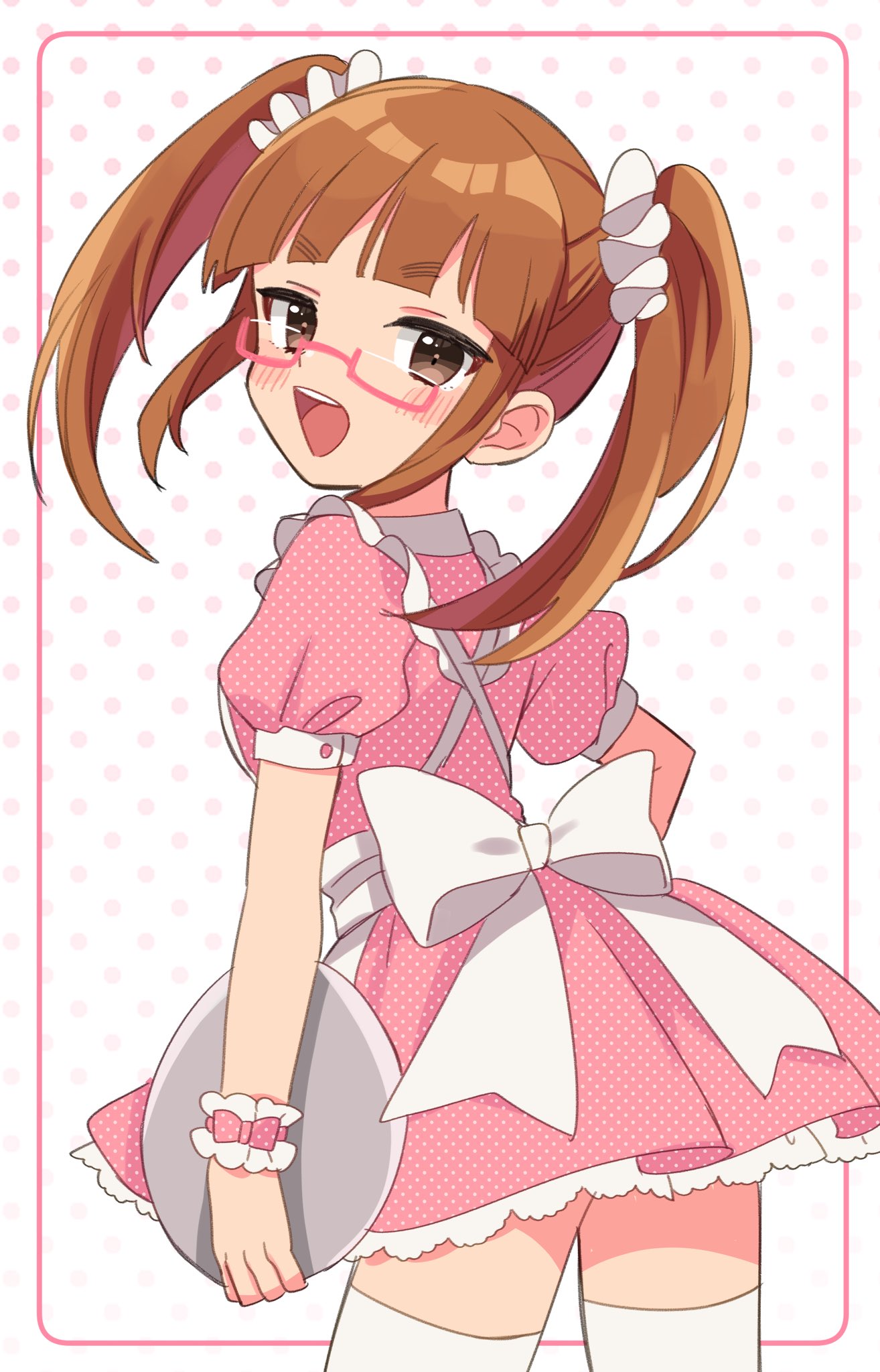 1girl apron back_bow blush bow brown_eyes brown_hair commentary cowboy_shot dress frilled_apron frills glasses highres holding holding_tray idolmaster idolmaster_cinderella_girls ikebukuro_akiha long_hair looking_at_viewer open_mouth pink-framed_eyewear pink_dress polka_dot polka_dot_background polka_dot_dress puffy_short_sleeves puffy_sleeves saito_katuo semi-rimless_eyewear short_sleeves sidelocks solo teeth thigh-highs thighs tray twintails upper_teeth_only v-shaped_eyebrows waitress white_apron white_background white_bow white_thighhighs wrist_cuffs zettai_ryouiki