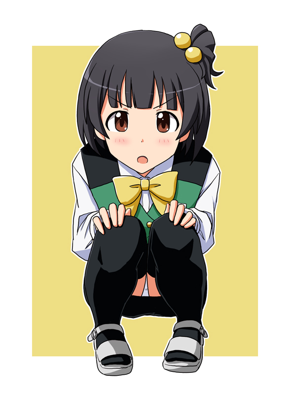 1girl bangs black_hair black_skirt black_thighhighs blush border bow bowtie brown_eyes check_commentary commentary_request cosplay female_child green_vest hair_bobbles hair_ornament hands_on_own_knees idolmaster idolmaster_million_live! legs lielos long_sleeves looking_at_viewer nakatani_iku open_mouth otonashi_kotori otonashi_kotori_(cosplay) panties panty_peek sandals shirt short_hair side_ponytail skirt solo squatting thigh-highs thighs underwear v-shaped_eyebrows vest white_border white_footwear white_panties white_shirt yellow_background yellow_bow yellow_bowtie