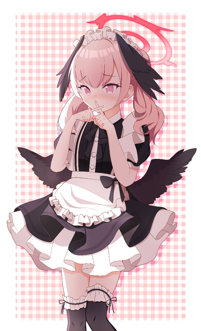 1girl alternate_costume apron bangs black_bow black_bowtie black_wings blue_archive bow bowtie buttons checkered_background crossed_fingers dress enmaided feathered_wings flat_chest frilled_apron frilled_dress frilled_socks frills headdress kneehighs koharu_(blue_archive) looking_at_viewer maid maid_apron maid_headdress medium_hair pink_background pink_eyes pink_hair plaid plaid_background puffy_short_sleeves puffy_sleeves short_sleeves socks solo standing sunx3 wings