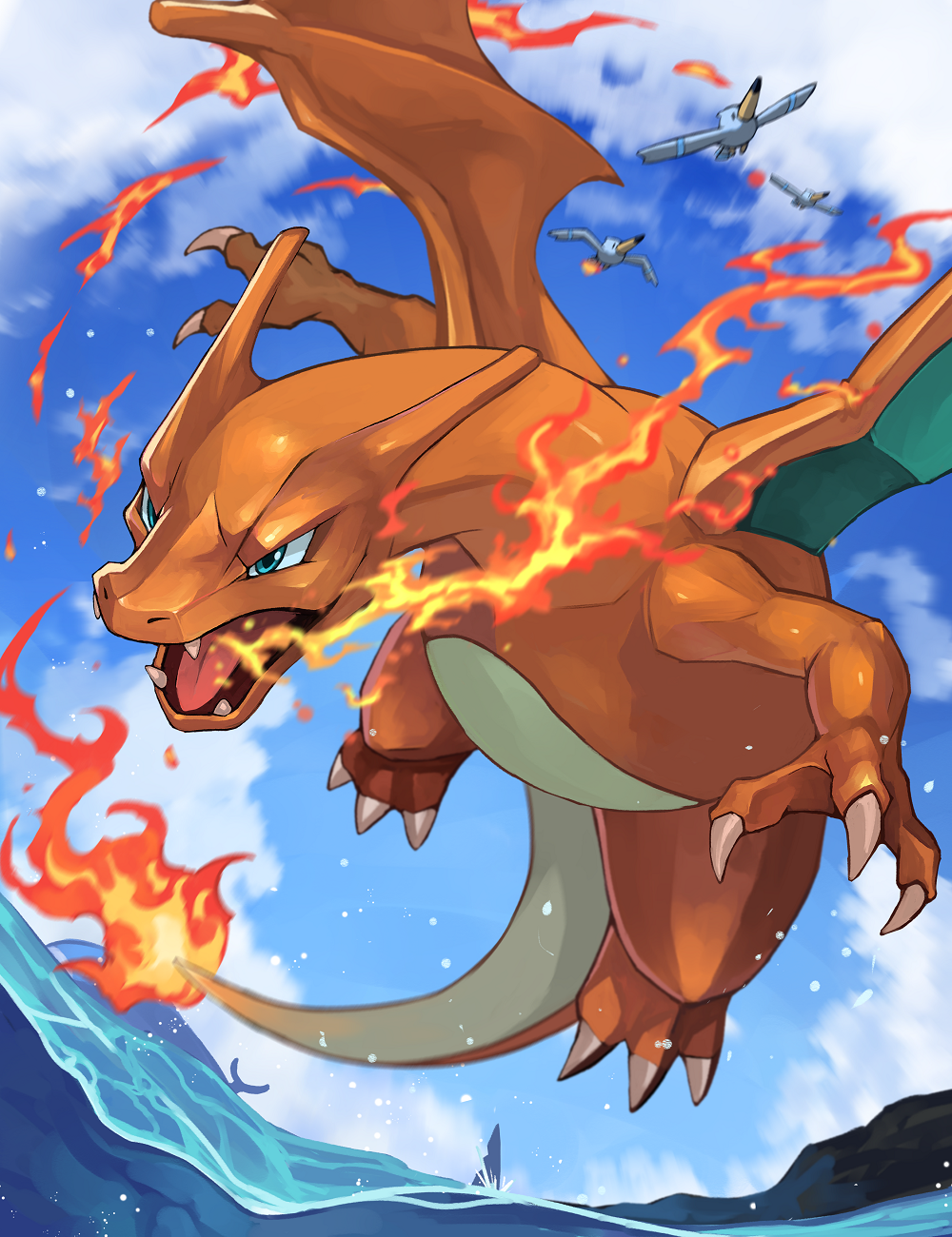 bird blue_eyes blue_sky charizard claws clouds commentary_request fangs fire flame flying full_body highres horns ocean open_mouth pokemon pokemon_(creature) seagull sharp_teeth sharpedo sky teeth tesshii_(riza4828) tongue wailord wings