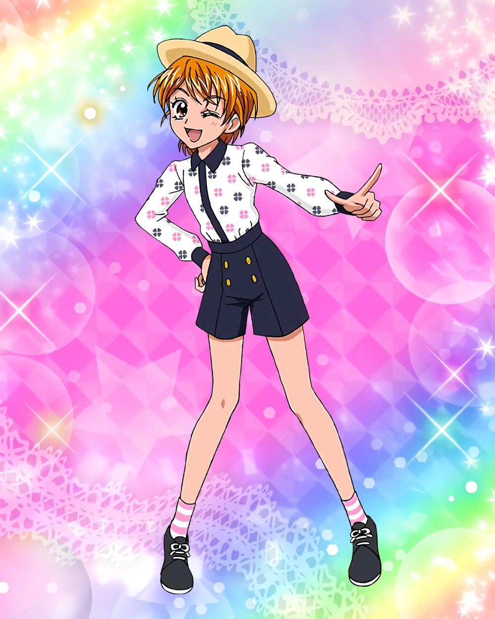 1girl :d artist_request commentary english_commentary eyelashes futari_wa_precure gradient_background happy hat highres looking_at_viewer misumi_nagisa official_art one_eye_closed open_mouth orange_eyes orange_hair pointing pointing_at_viewer precure precure_connection_puzzlun shoes short_hair smile socks solo standing striped striped_socks third-party_source
