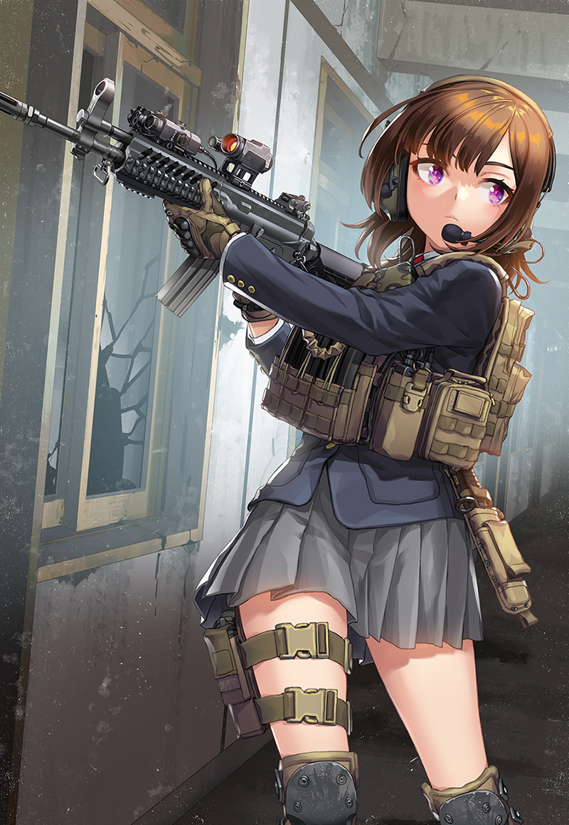 1girl bangs black_jacket broken_window brown_gloves brown_hair closed_mouth ear_protection gloves grey_skirt gun headset holding holding_gun holding_weapon indoors jacket k2 knee_pads kws long_sleeves looking_away looking_to_the_side original pleated_skirt skirt solo standing violet_eyes weapon weapon_request