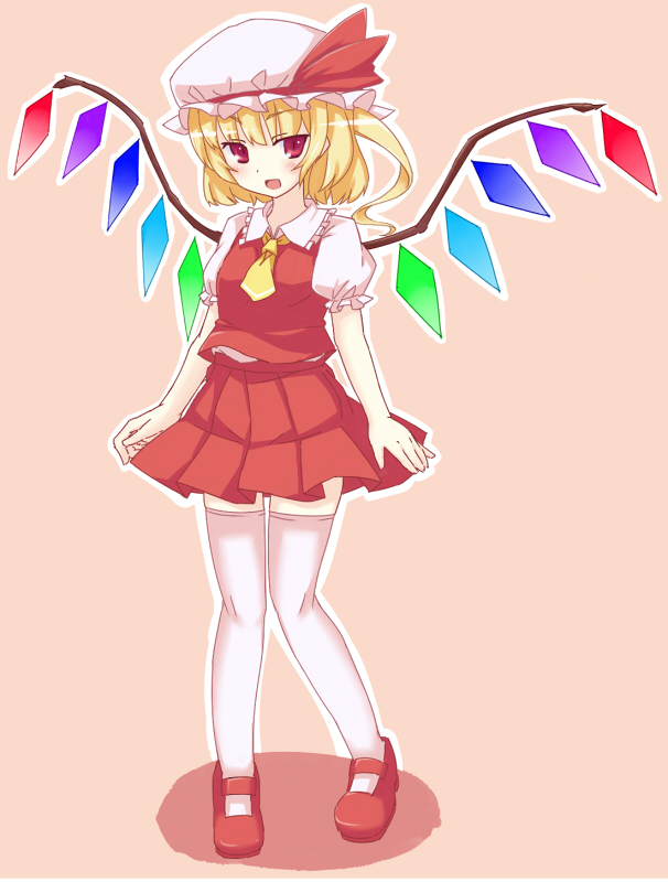 1girl ascot bangs blonde_hair commentary_request crossco crystal flandre_scarlet full_body hat hat_ribbon looking_at_viewer medium_hair mob_cap one_side_up open_mouth outline pink_background red_eyes red_footwear red_ribbon red_skirt red_vest ribbon shirt short_sleeves simple_background skirt solo thigh-highs touhou vest white_headwear white_outline white_shirt white_thighhighs wings yellow_ascot