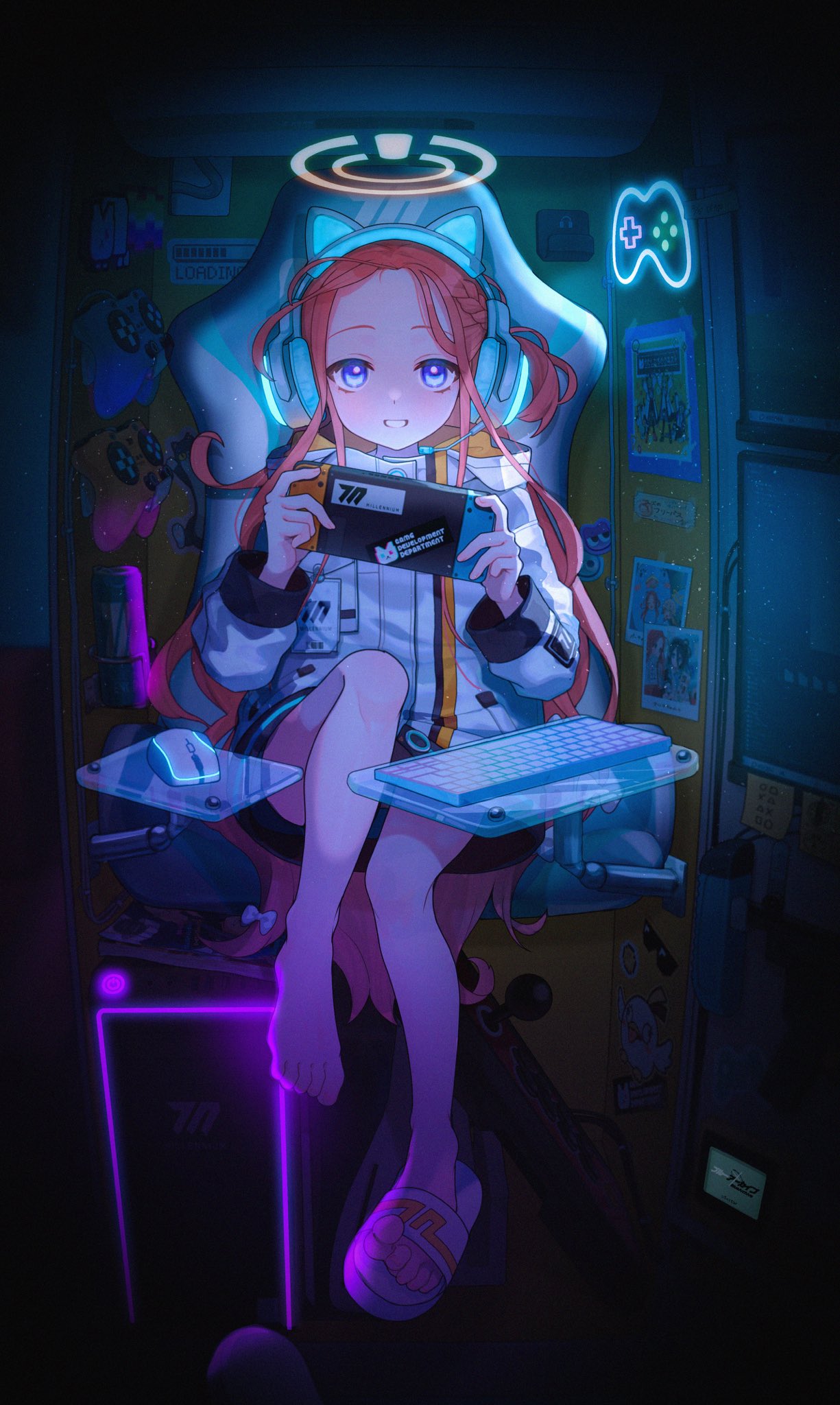 13_(spice!!) 1girl air_conditioner animal_ear_headphones animal_ears arcade_stick bare_legs blue_archive blue_eyes blush braid cat_ear_headphones chair commentary controller cpu dark_background energy_drink fake_animal_ears game_controller gaming_chair gun halo handheld_game_console hands_up headphones highres holding holding_handheld_game_console in_locker indoors jacket joystick keyboard_(computer) legs long_hair long_sleeves looking_at_viewer magazine_(object) messy_hair mouse_(computer) neon_lights nyan_cat photo_(object) redhead sandals screen sitting smile solo sticker submachine_gun swivel_chair thighs weapon white_footwear white_jacket yuzu_(blue_archive)