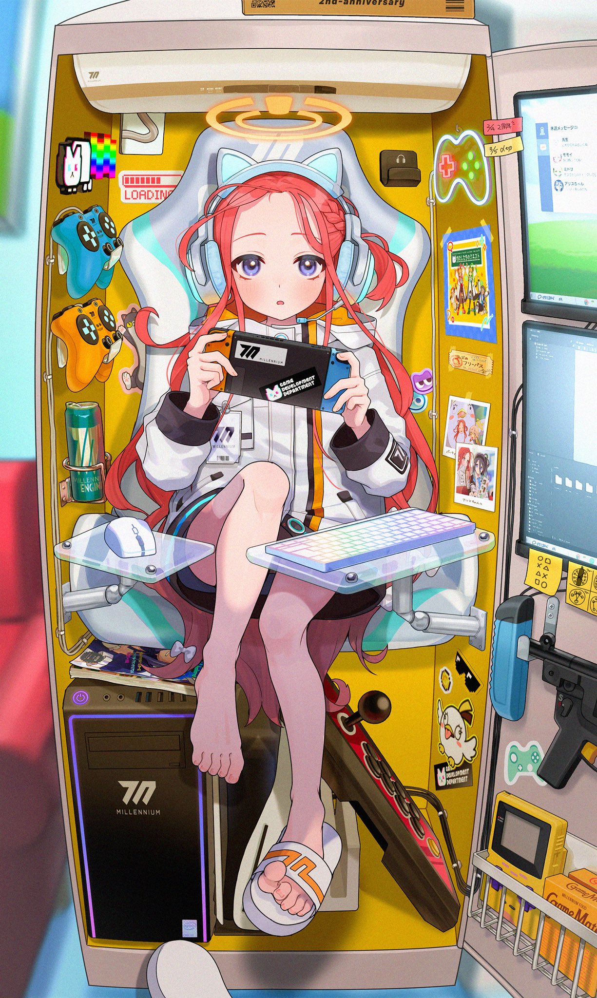 13_(spice!!) 1girl air_conditioner animal_ear_headphones animal_ears arcade_stick bare_legs blue_archive blue_eyes blush braid cat_ear_headphones chair commentary controller cpu energy_drink fake_animal_ears game_controller gaming_chair gun halo handheld_game_console hands_up headphones highres holding holding_handheld_game_console in_locker indoors jacket joystick keyboard_(computer) legs long_hair long_sleeves looking_at_viewer magazine_(object) messy_hair mouse_(computer) nyan_cat parted_lips photo_(object) redhead sandals screen sitting solo sticker submachine_gun swivel_chair thighs weapon white_footwear white_jacket yuzu_(blue_archive)