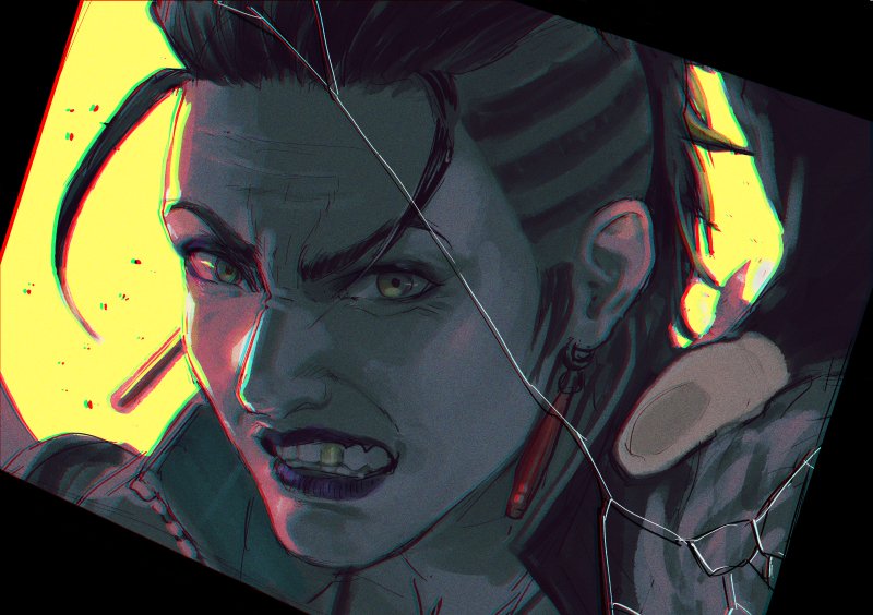 1girl apex_legends black_border black_gloves black_hair border brown_eyes clenched_teeth cracked_glass daichi_midori earrings fingerless_gloves gloves hair_slicked_back jewelry looking_at_viewer mad_maggie_(apex_legends) portrait purple_lips solo teeth yellow_background
