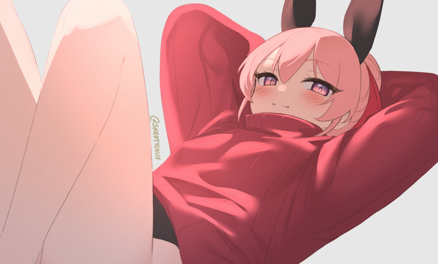 1girl animal_ears arms_behind_head artist_name bangs black_leotard blush closed_mouth fake_animal_ears grey_background leotard looking_at_viewer lying on_back original pink_eyes pink_hair playboy_bunny rabbit_ears red_sweater skeptycally smile solo solo_focus sweater twitter_username