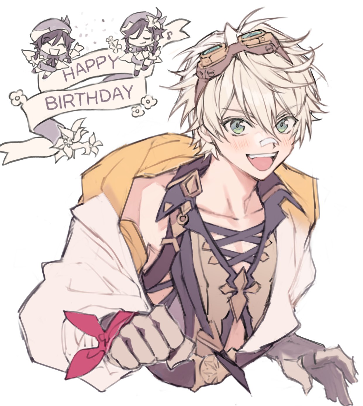1boy :3 bandaid bandaid_on_face bangs bennett_(genshin_impact) birthday blush chibi closed_eyes collarbone flower genshin_impact gloves goggles goggles_on_head green_eyes hair_between_eyes happy_birthday hat highres looking_at_viewer male_focus musical_note open_mouth razor_is_cute simple_background venti_(genshin_impact) white_background white_hair