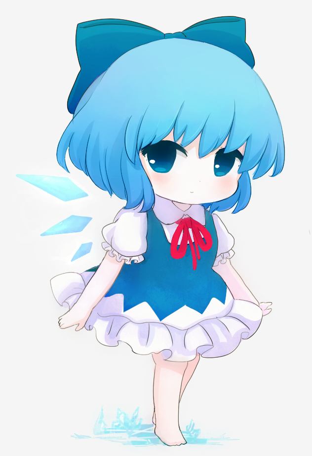 1girl bangs barefoot blue_bow blue_dress blue_eyes blue_hair blush bow bowtie cirno closed_mouth collared_shirt dress frills full_body grey_background hair_between_eyes ice ice_wings looking_to_the_side pinafore_dress puffy_short_sleeves puffy_sleeves red_bow red_bowtie rei_(tonbo0430) shirt short_hair short_sleeves simple_background smile solo sparkle standing touhou white_shirt wings