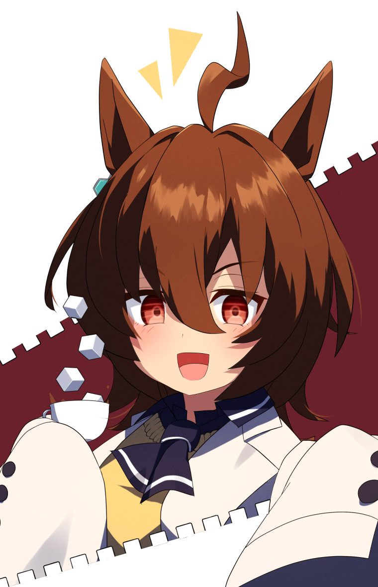 1girl agnes_tachyon_(umamusume) ahoge animal_ears ascot black_ascot brown_hair coat cup earrings hair_between_eyes hakusai_o_m_t holding holding_cup horse_ears horse_girl jewelry labcoat looking_at_viewer open_mouth red_background red_eyes short_hair single_earring sleeves_past_fingers sleeves_past_wrists smile solo sugar_cube sweater_vest tea teacup two-tone_background umamusume very_long_sleeves white_background white_coat yellow_sweater_vest