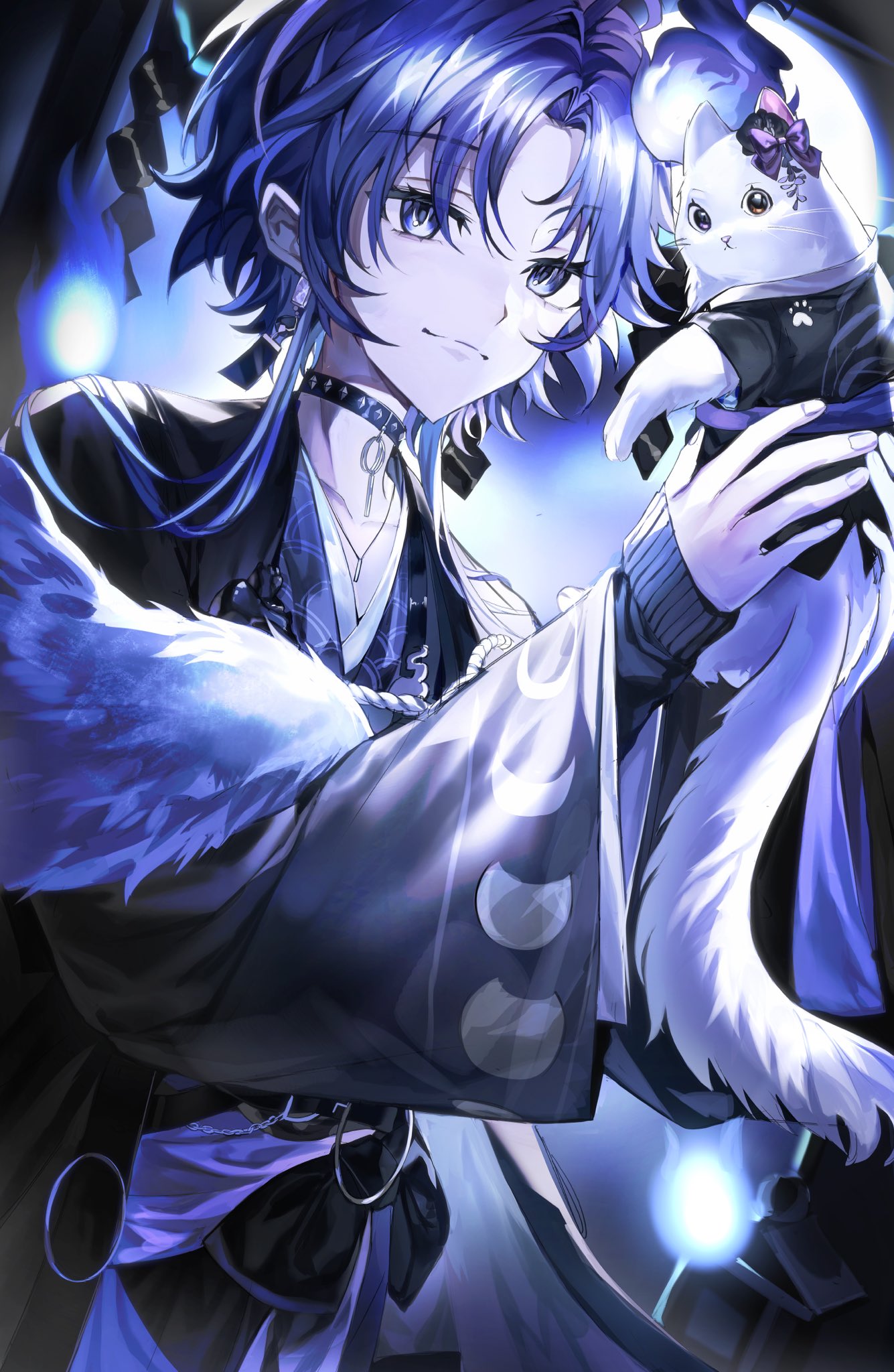 1boy animal bangs black_choker black_jacket black_kimono black_sash black_sweater blue_eyes cat choker clothed_animal commentary crescent_print earrings feather_boa full_moon haori highres hitodama holding holding_animal holding_cat holostars jacket japanese_clothes jewelry kimono long_hair looking_at_viewer mellowone minase_rio moon moon_phases necklace o-ring official_alternate_costume parted_bangs purple_hair sash seigaiha shide smile sweater symbol-only_commentary upper_body virtual_youtuber white_cat