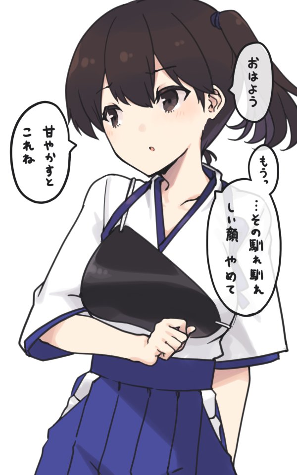 1girl blue_hakama brown_eyes brown_hair commentary_request cowboy_shot facing_viewer hakama hakama_short_skirt hakama_skirt japanese_clothes kaga_(kancolle) kantai_collection long_hair looking_to_the_side muneate nakadori_(movgnsk) side_ponytail simple_background skirt solo tasuki translation_request white_background