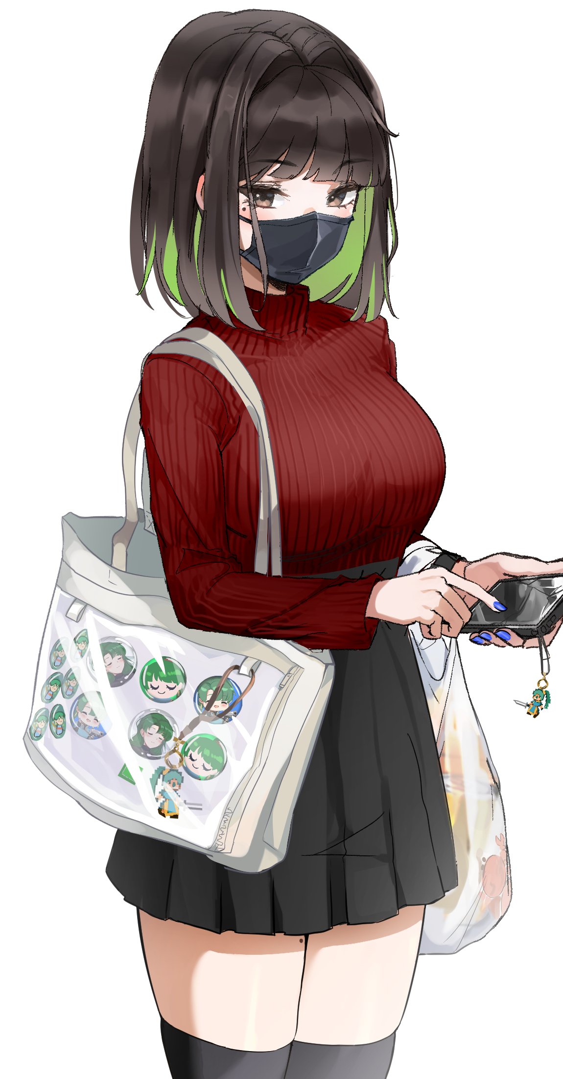 1girl bag bangs black_hair black_skirt black_thighhighs blue_nails breasts brown_eyes colored_inner_hair fingernails green_hair grocery_bag highres holding holding_phone large_breasts long_sleeves looking_at_viewer lyn_(fire_emblem) mask miru_(ormille) mole mole_on_thigh mole_under_eye multicolored_hair original ormille phone red_sweater ribbed_sweater shopping_bag short_hair shoulder_bag skirt smile solo solo_focus sweater thigh-highs turtleneck two-tone_hair