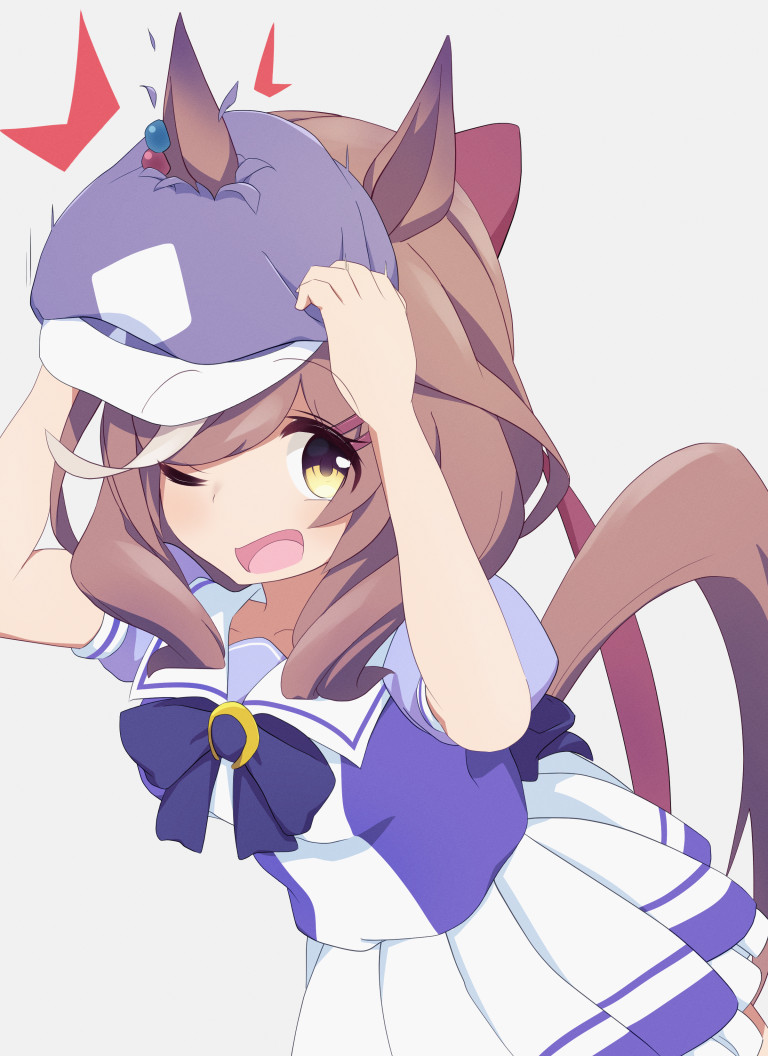 1girl animal_ears bow brown_hair cabbie_hat ear_piercing ears_through_headwear hair_bow hair_ornament hairclip hakusai_o_m_t hat horse_ears horse_girl horse_tail long_hair looking_at_viewer matikane_tannhauser_(umamusume) multicolored_hair one-hour_drawing_challenge open_mouth piercing pleated_skirt puffy_short_sleeves puffy_sleeves school_uniform short_sleeves simple_background skirt solo streaked_hair summer_uniform tail tracen_school_uniform umamusume white_background white_hair white_skirt yellow_eyes