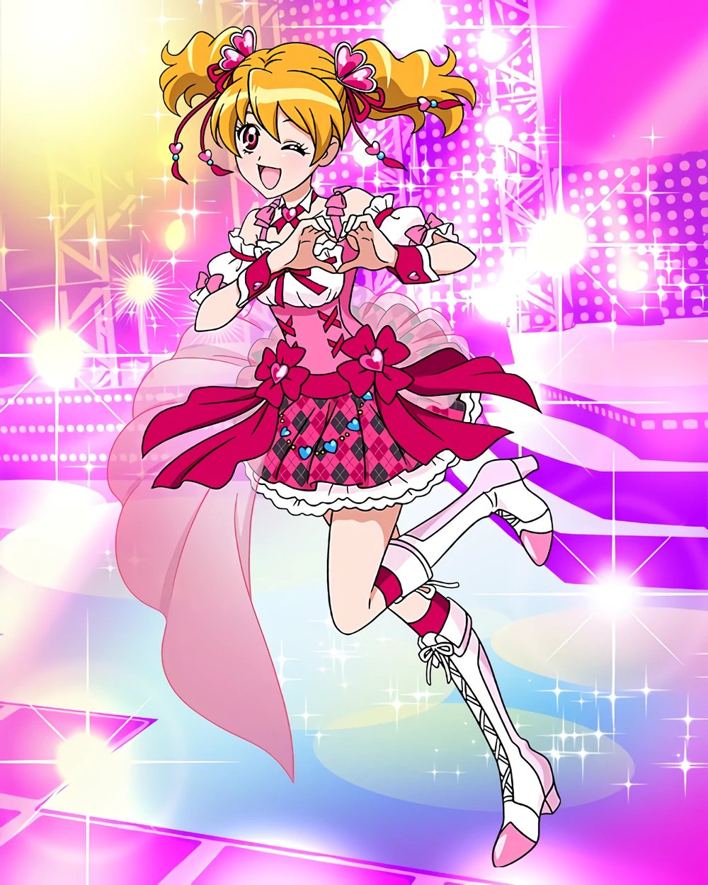 1girl :d adapted_costume alternate_costume boots brown_hair commentary cosplay cure_peach cure_peach_(cosplay) dress english_commentary eyelashes fresh_precure! hair_ornament happy high_heel_boots high_heels highres knee_boots kneehighs looking_at_viewer medium_hair momozono_love official_art one_eye_closed open_mouth pink_dress pink_eyes precure precure_connection_puzzlun smile socks solo third-party_source twintails wrist_cuffs