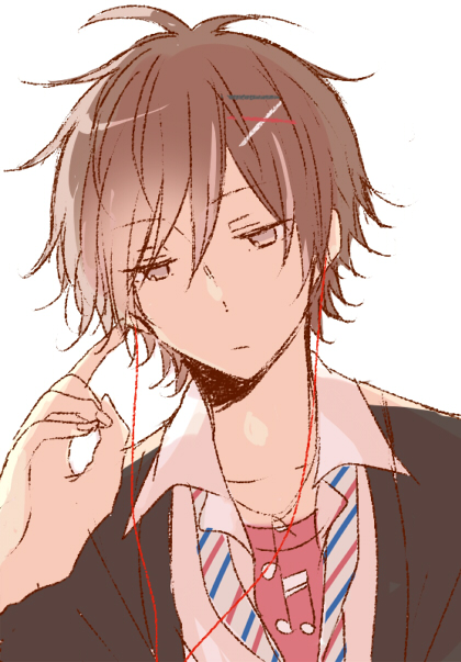 1boy black_jacket blue_necktie brown_eyes brown_hair closed_mouth collar_x_malice collared_shirt earphones hair_ornament hairpin hoshino_kazuki_(collar_x_malice) jacket male_focus necktie red_necktie red_shirt shirt short_hair sketch solo sswaves striped_necktie white_background white_necktie white_shirt